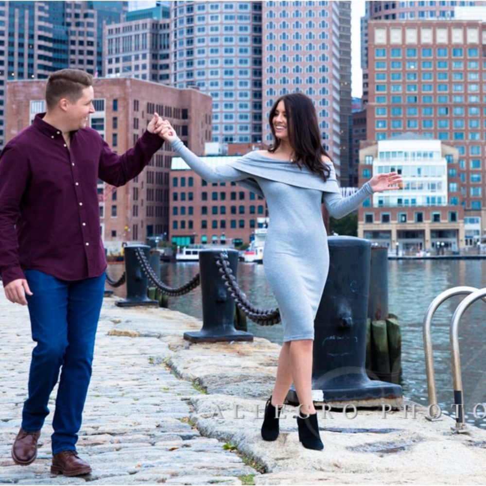 Gray off the shoulder long sleeve midi dress